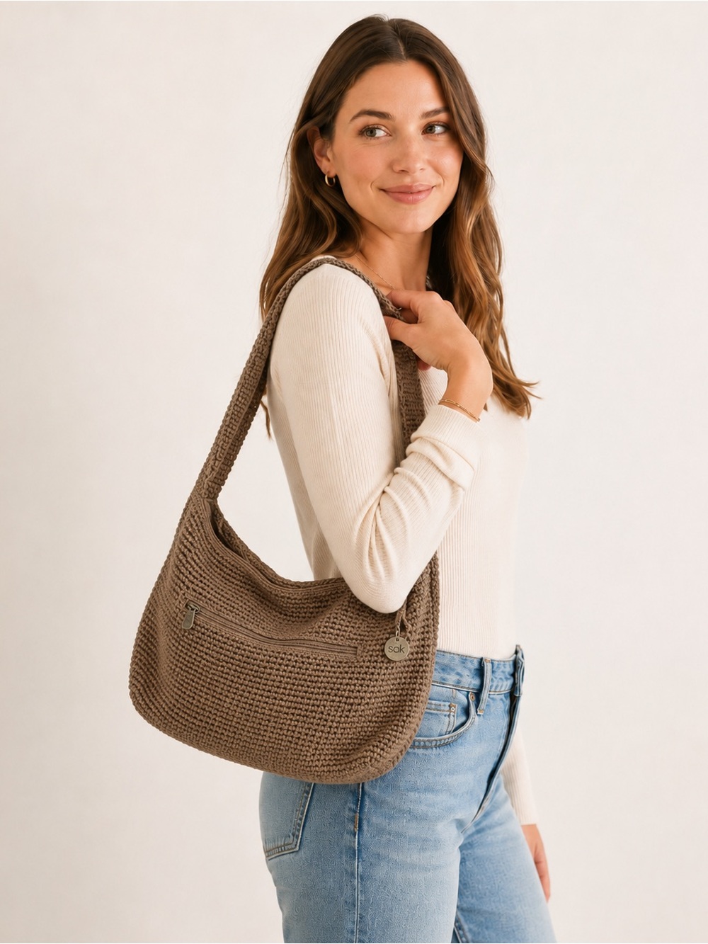 The Sak Crochet Knit Shoulder Bag Brown Boho Hobo Zip Closure